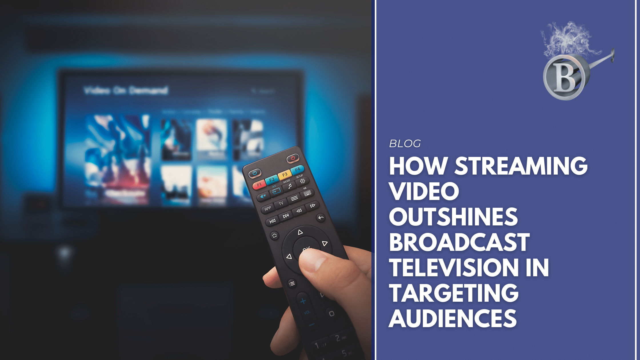 Hand holding a remote in front of a TV screen, representing the shift from traditional broadcast television to streaming video